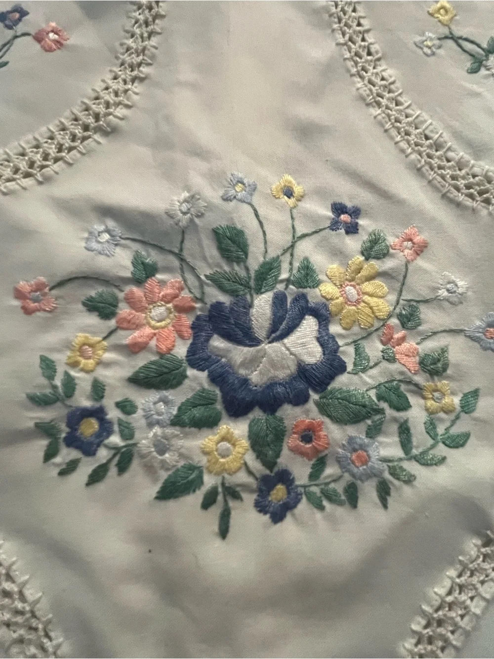 Vintage Hand Embroidered Floral Pillow Cover White Crochet Lace Trim 16x16
